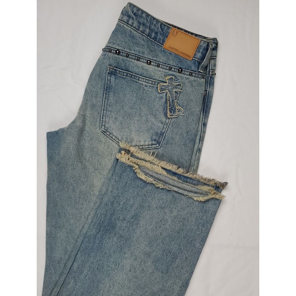 Austin Landing Womens Jeans Size 9 | Blue Raw Hem Cross Wide Leg